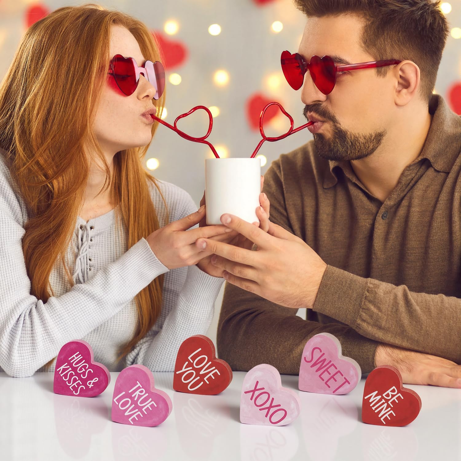 Smile Valentine's Day Heart - Shaped Wooden Block Decor, Be Mine XOXO Sweet & More Love Phrases, Valentine Indoor Decoration