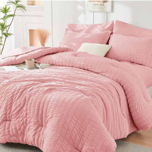 HYMOKEGE King Size Comforter Set - Luxury 7-Piece Rose Pink Bedding Set with Sheets & Pillowcases