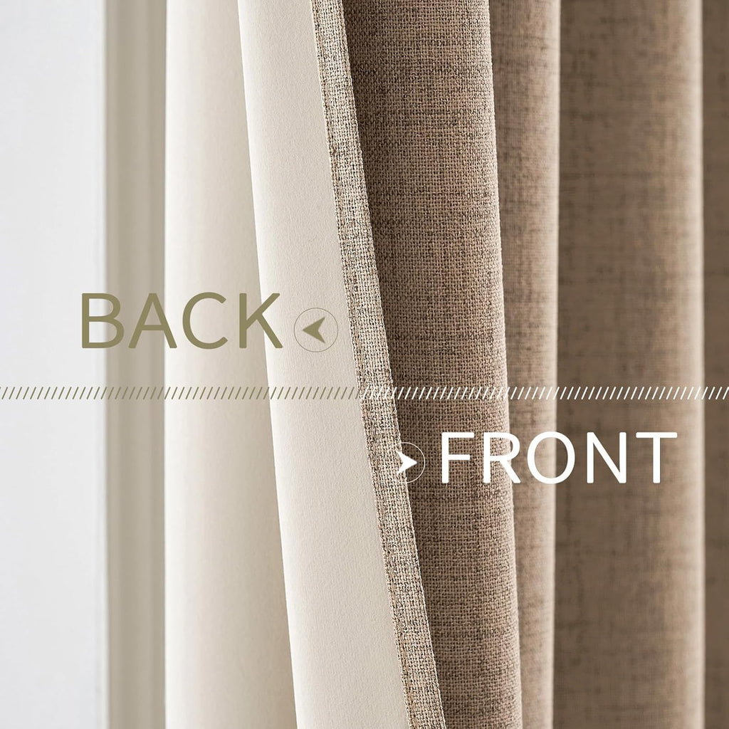 MIULEE 100% Blackout Linen Textured Curtains - Thermal Insulated Copper Brown | Room Darkening Drapes 52 x 120 Inch (2 Panels)