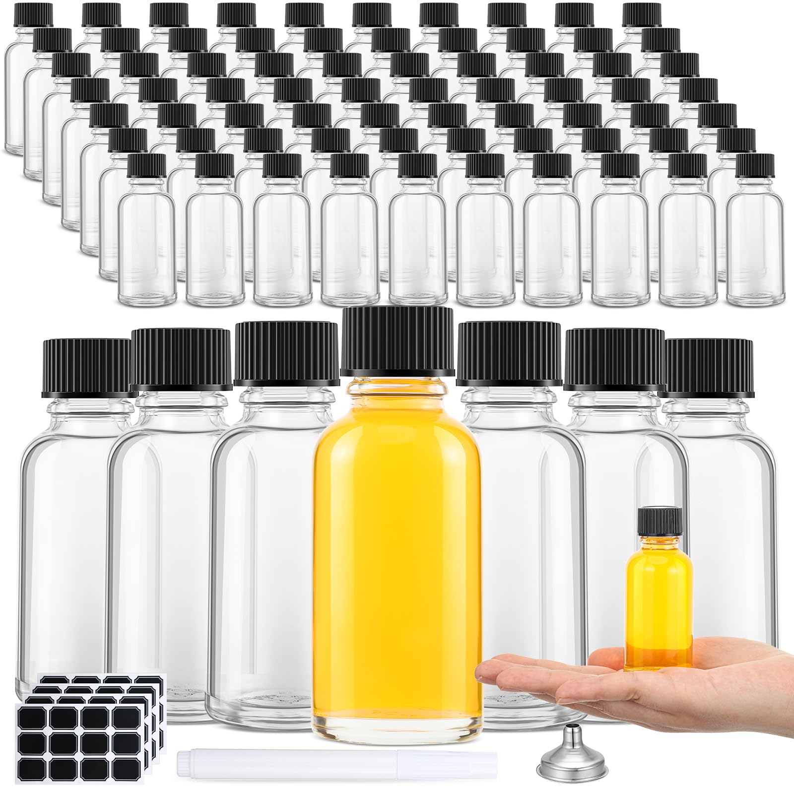 Hsei 1 oz Glass Bottle with Black Cap Clear Sample Boston Round Bottle Small Glass Containers with Lids and Funnel Chalk Labels Pen for Vanilla Extract Essential Oils(100 Pcs, 9 Sheet)