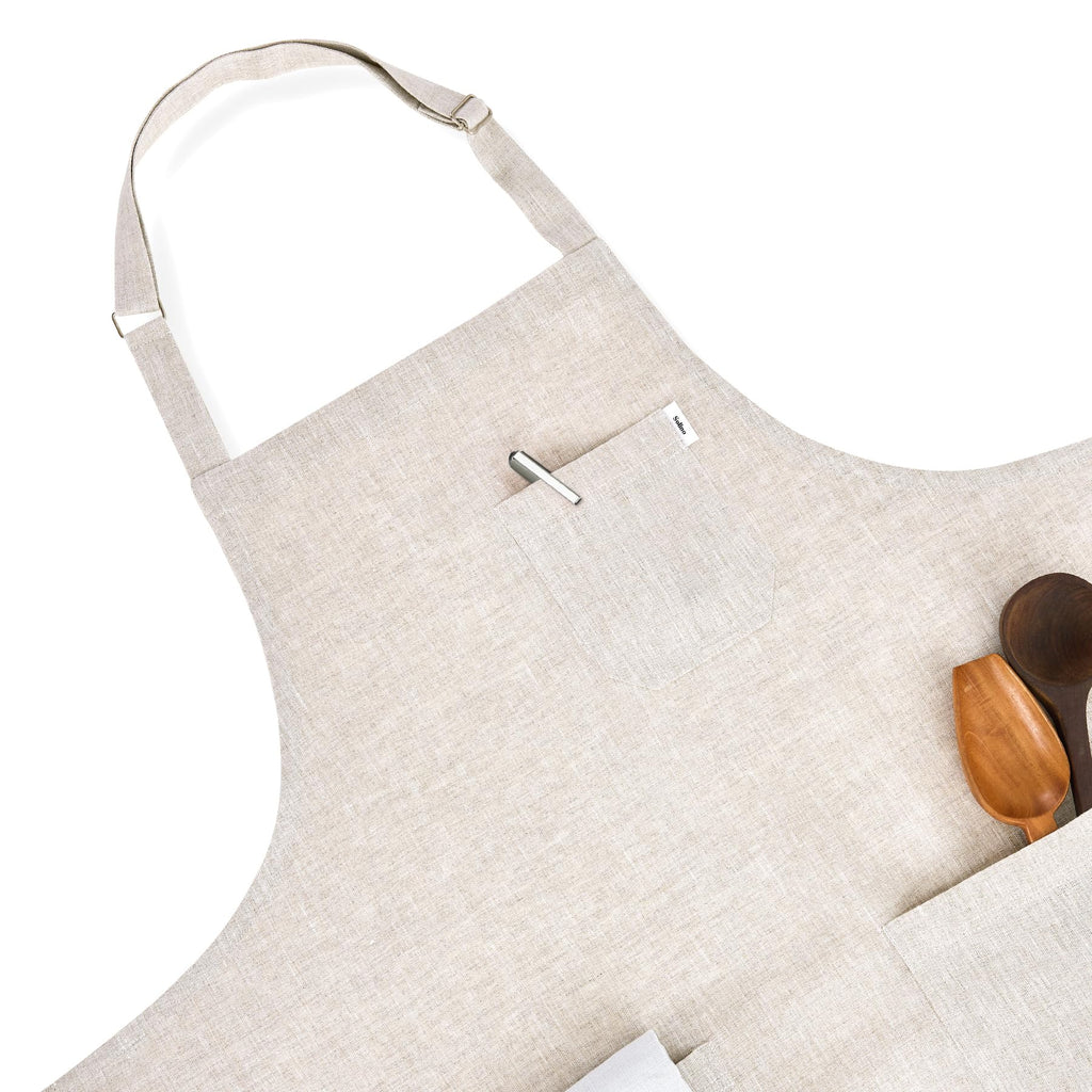 Solino Home Linen Kitchen Apron for Men & Women - Light Natural Bib Apron with Front Pockets - Handcrafted from European Flax
