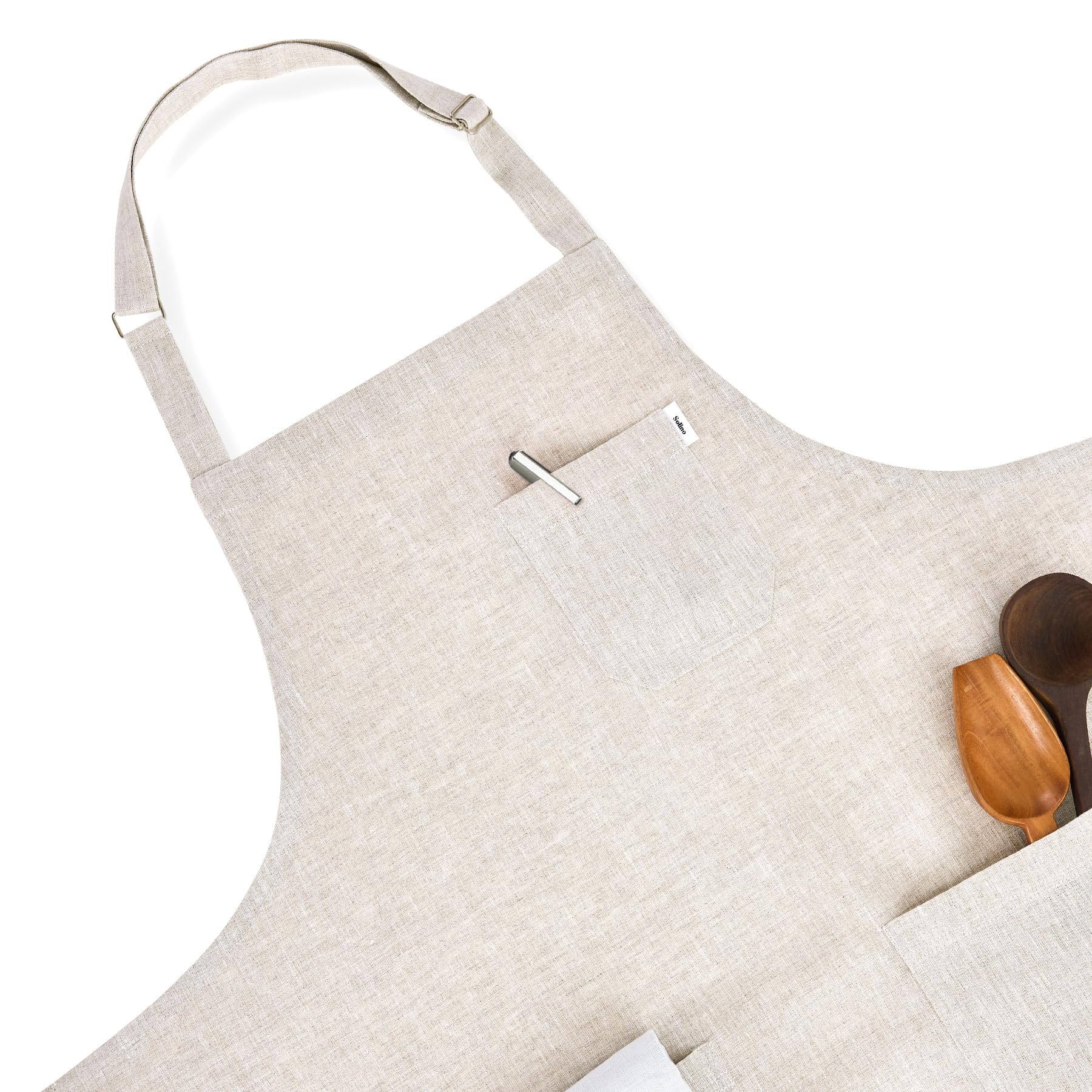 Solino Home Linen Kitchen Apron for Men & Women - Light Natural Bib Apron with Front Pockets - Handcrafted from European Flax