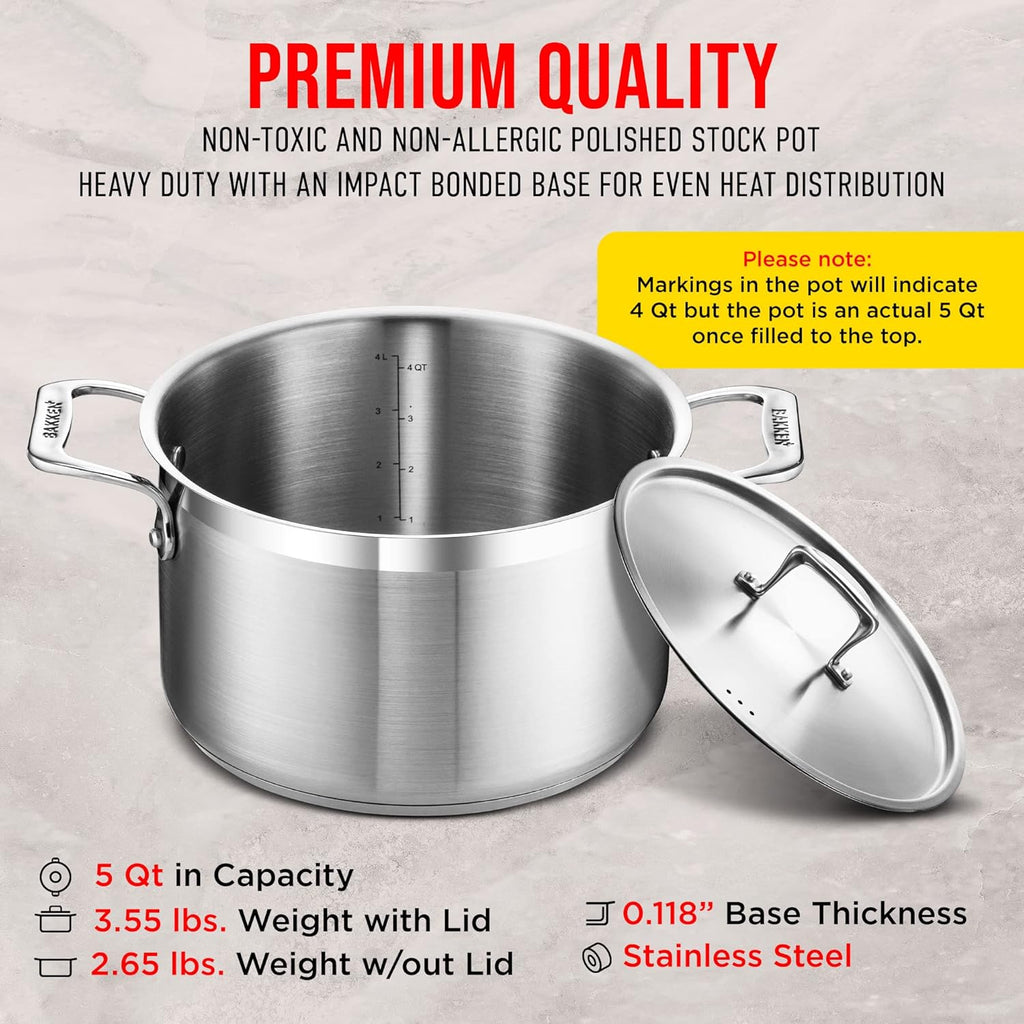 Stainless Steel Stockpot by [Brand Name] - 5 Quart Durable Design with Impact-Bonded Base & Riveted Handles