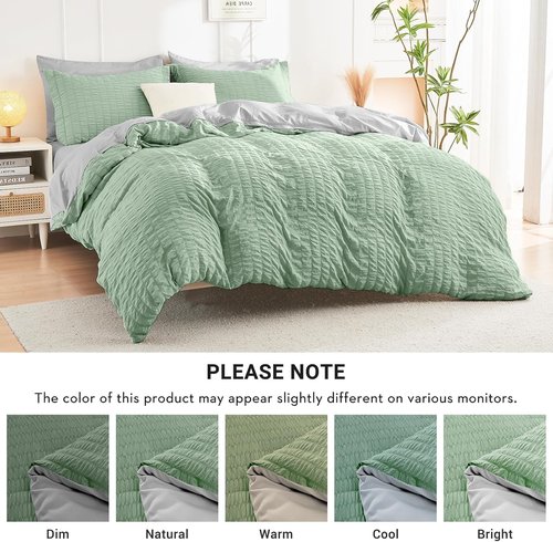 HYMOKEGE King Size Comforter Set - Luxury 7-Piece Bedding in Sage Green & Light Grey | All-Season Seersucker Design