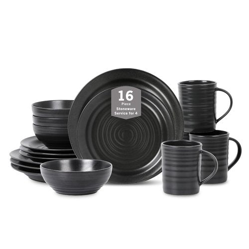 Stone Lain Orbit 16-Piece Round Stoneware Dinnerware Set, Charcoal, Service for 4 with Plates, Bowls & Mugs, Durable Ceramic Kitchen Tableware, Dishwasher & Microwave Safe