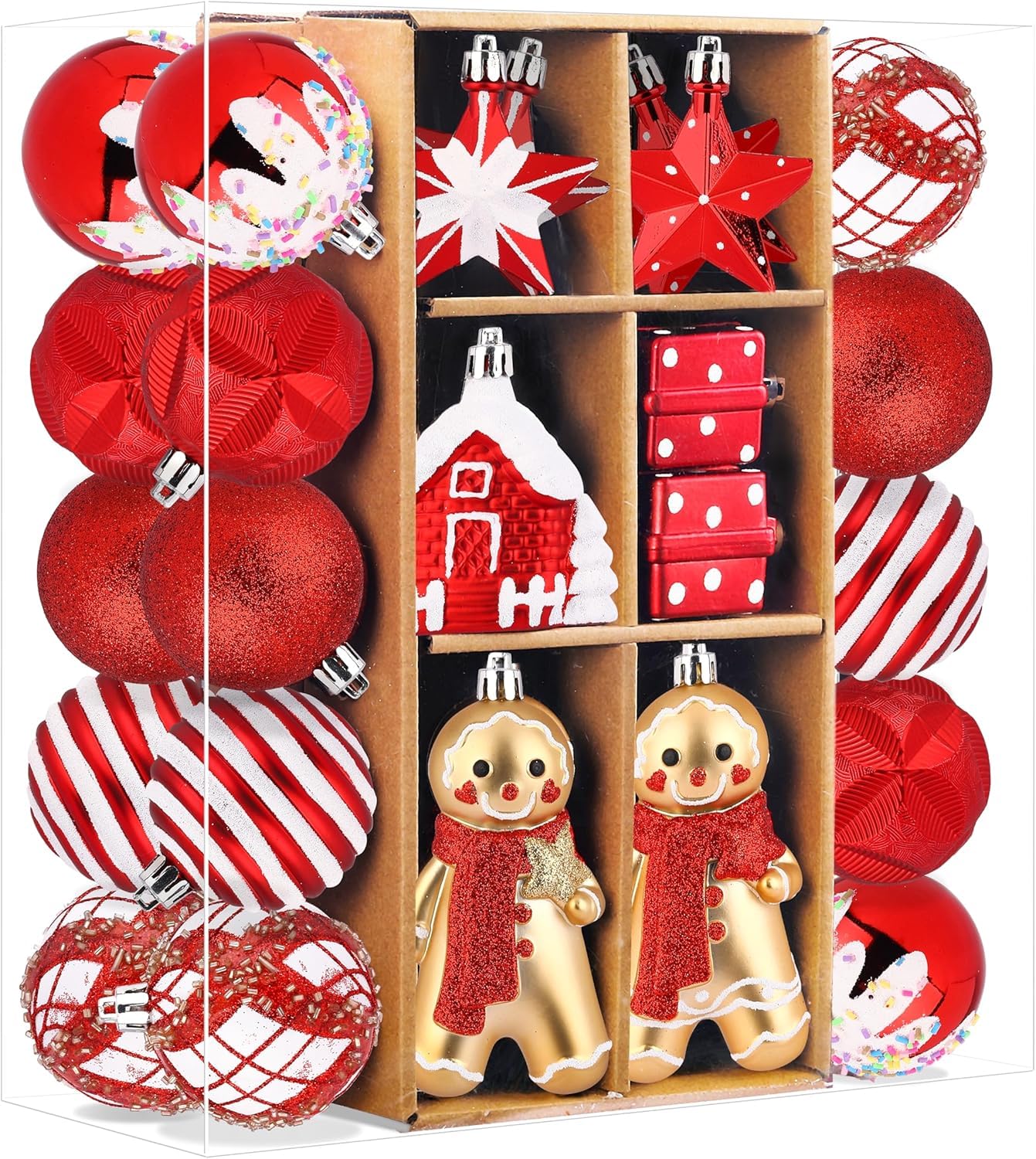 SHareconn 65pcs Christmas Tree Ornaments Set, Shatterproof Christmas Gingerbread Man Balls Bulk Gift Boxes, Hanging Plastic Decorative Baubles for Xmas Trees Decorations, Holiday Party, Red White