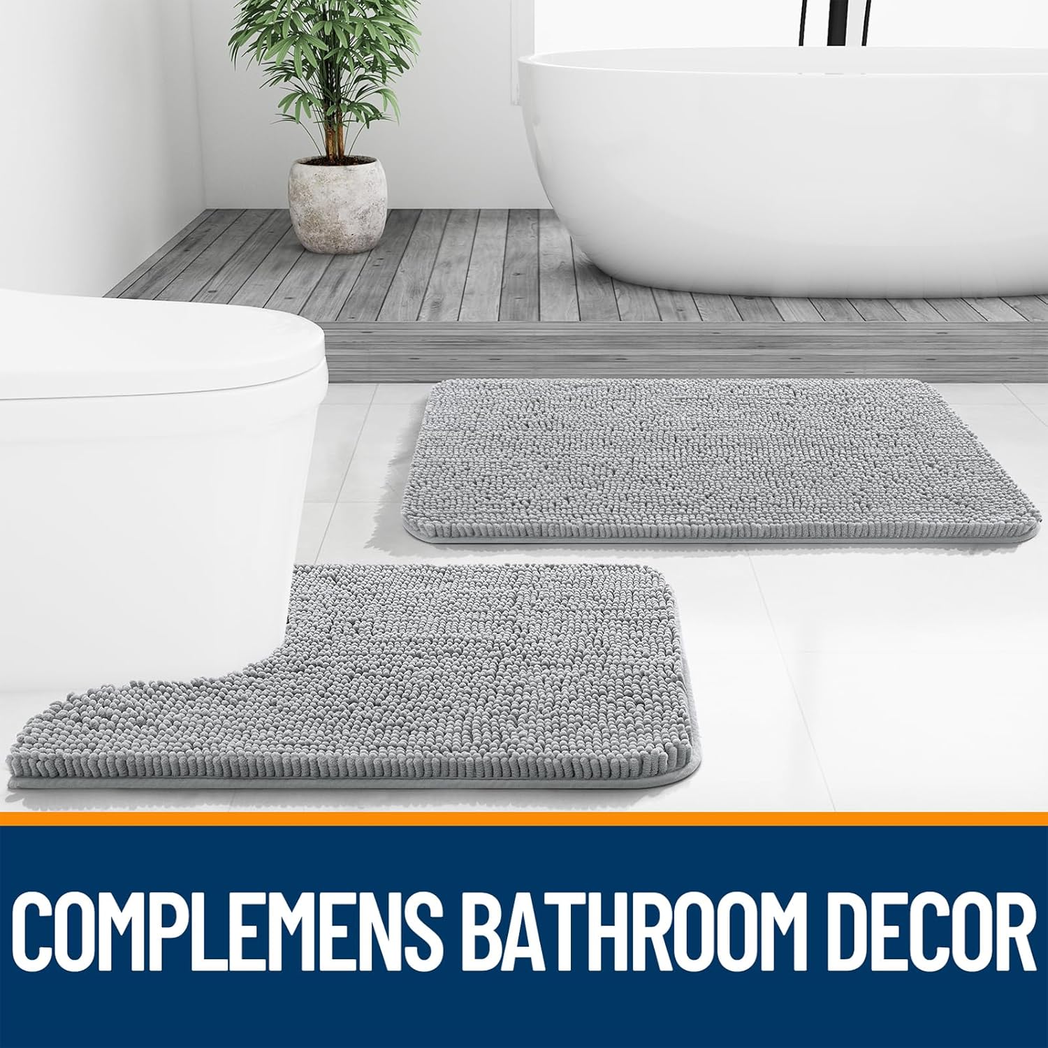 OLANLY U-Shaped Toilet Rug - Extra Soft Chenille, Quick-Dry, Non-Slip Bath Mat | Light Grey 20x20