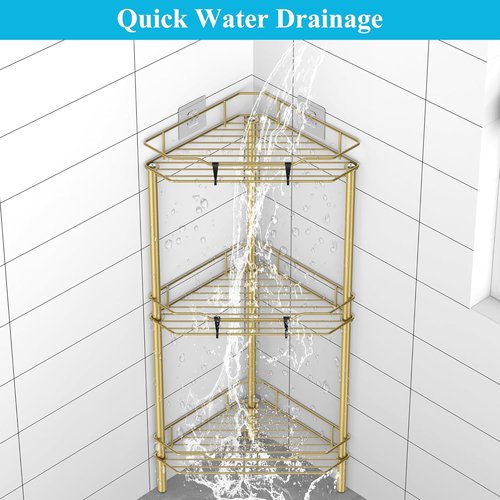 HuggieGems Corner Shower Caddy Organizer - 3 Tier Floor Stand with Hooks | Elegant Gold Finish