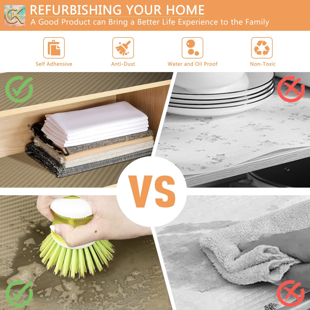 Self-Adhesive Shelf Liner Kitchen Liner, Waterproof Backed Paper Easy Peel and Stick Contact Liner Without Residue for Decor Your Desk Surface, Kitchen Countertops (Dark Khaki, 17.5 x 393.7 inches)