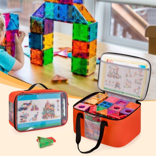 Rexmica 2pcs Storage Organizer Bag for Magnetic Building Tiles, Magnetic Block Tiles Travel Case with Visible Top, Toy Storage Bag for Construction Building Toy, Interlocking Blocks