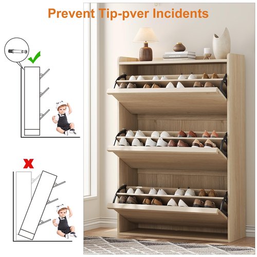 GarveeHome Shoe Cabinet with 3 Flip Drawers, Wooden Shoe Organizer Cabinet with Adjustable Shelf, Shoe Storage for Entryway, Hidden Shoe Cabinet for Hallway, Living Room, Natural Oak