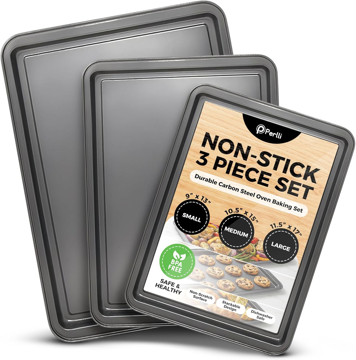 PERLLI Non-Stick Baking Pan Set - 3-Piece Carbon Steel with Even Heat Distribution, Oven Safe to 446°F | Gray