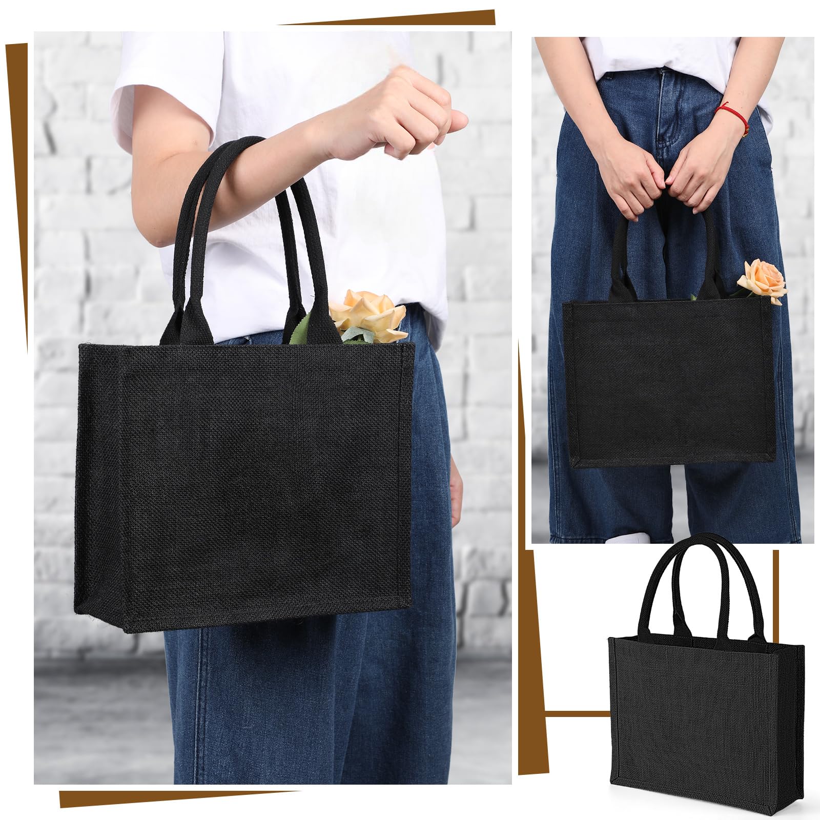 Reginary 12 Packs Black Burlap Tote Bags Jute Tote Wedding Bridesmaid Welcome Grocery Burlap Gift Bags with Handles Bulk Blank Shopping Kitchen Reusable for Market Beach DIY, 12.2 x 3.94 x 9.84 Inch