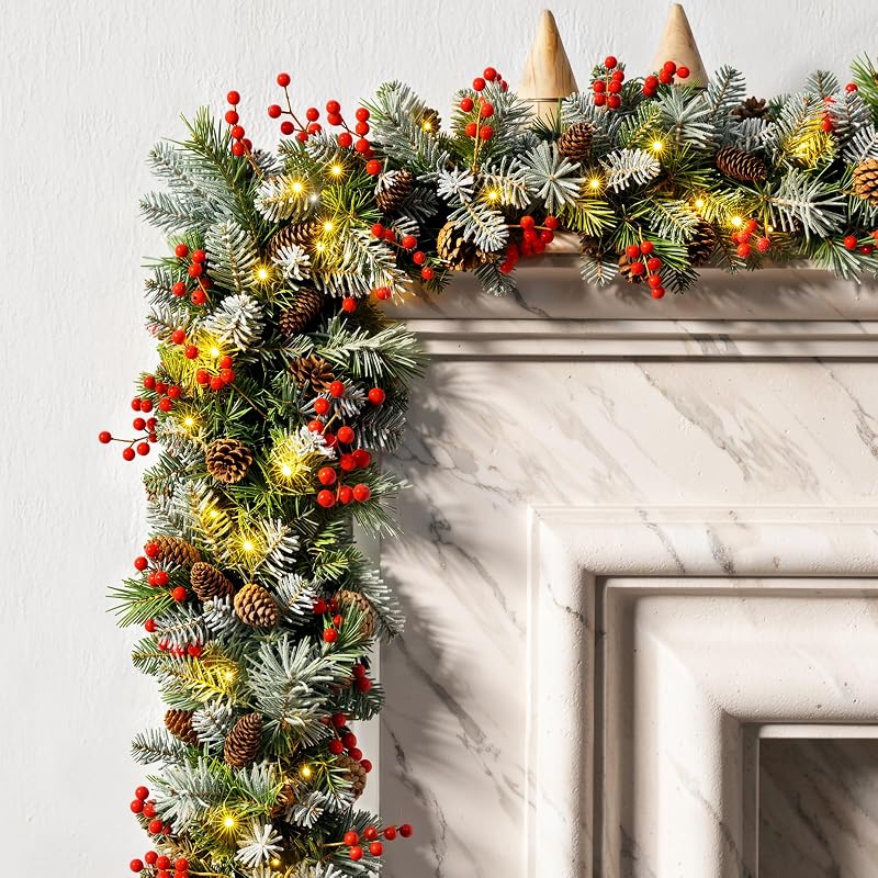 Lewondr 9ft Prelit Christmas Garland with Cedar, Pine Cones & 50 LEDs - Cedar Green (Variation of Cedar Green)