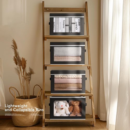 Homsorout Storage Boxes - 5 Pack Foldable Clear Window Bins with Handles | Large Black Storage Containers for Clothes, Towels, and Blankets