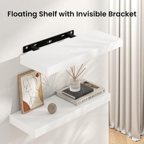 FLYJOE Floating Wall Shelves - 55"W Wooden Display Shelf with Invisible Brackets | White, Ideal for Living Room & Bedroom