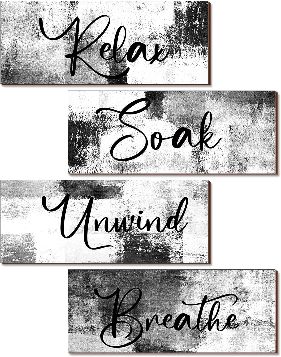 Maitys Bathroom Wall Art - Rustic 4-Piece Set for Soak, Unwind, Relax | 10 x 4 Inch Black & White Decor