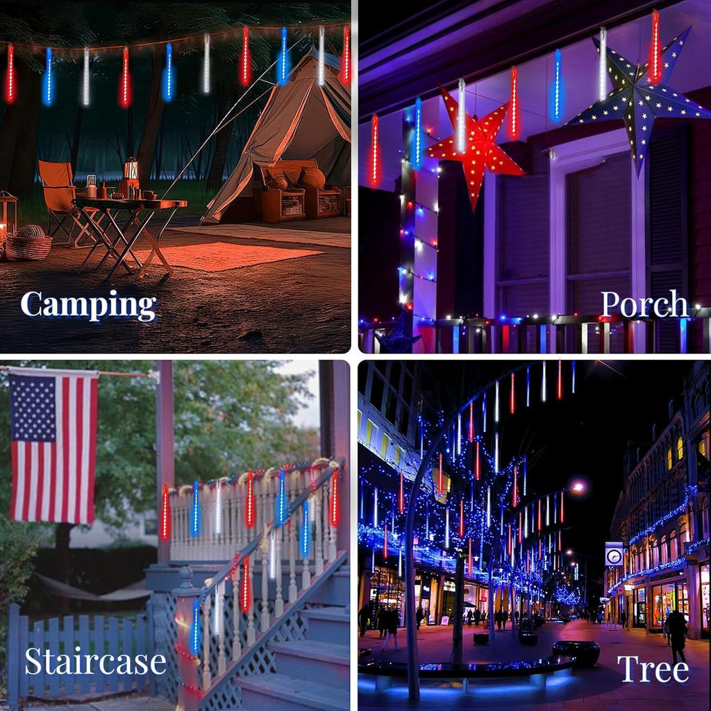 Skiennix 4th of July Outdoor Decorations - 250th Anniversary Solar Meteor Shower Lights | 18 Tubes, 432 LEDs, Waterproof