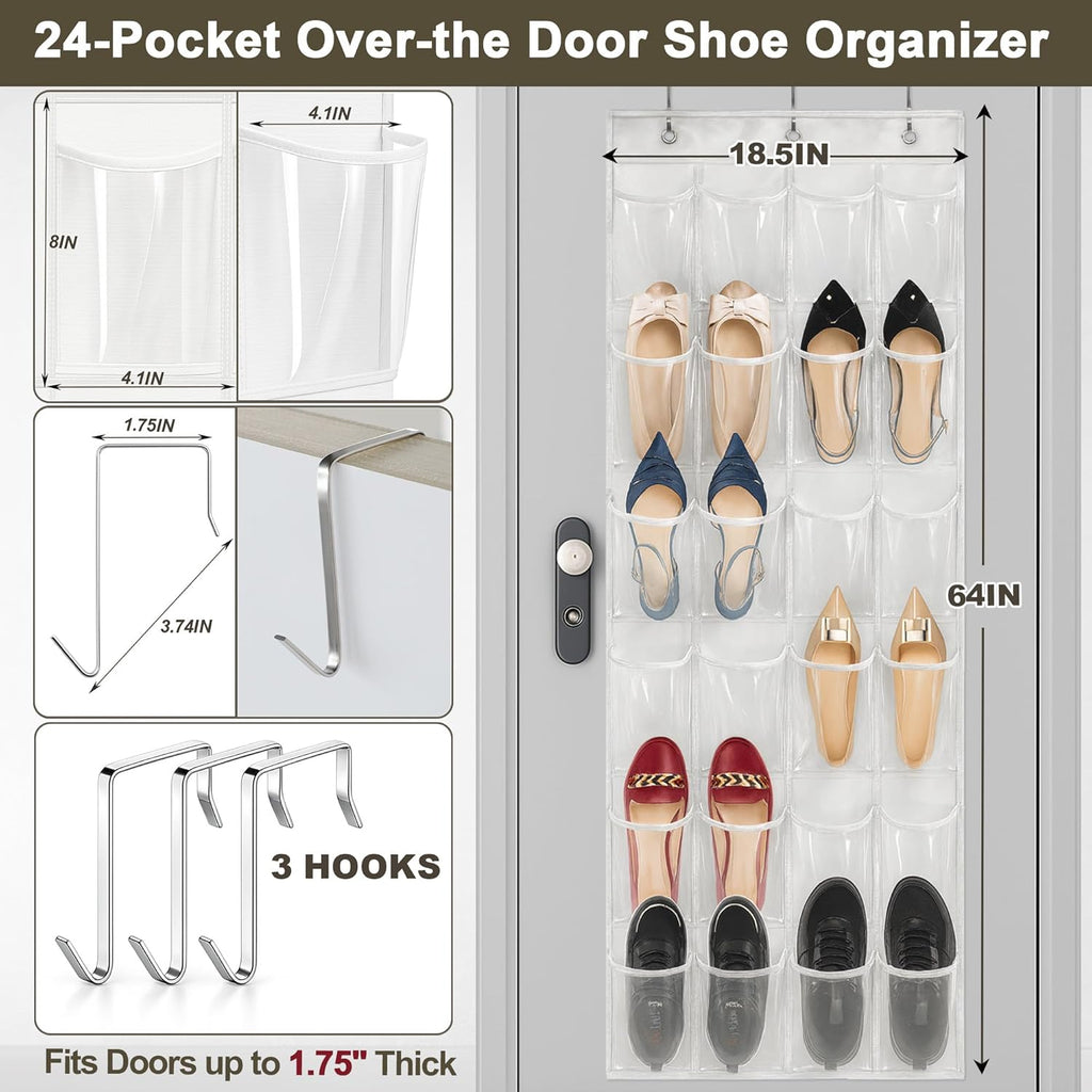 Over The Door Shoe Organizer - 24 Clear Pockets & Metal Hooks | Heavy Duty Space-Saving Storage (White)