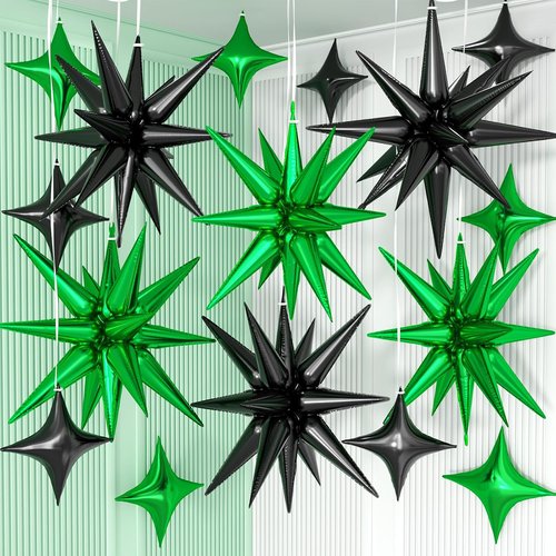 Black Green Star Balloon Set - 6 Pcs 22-Inch Explosion & 10 Pcs 10-Inch Balloons for Parties