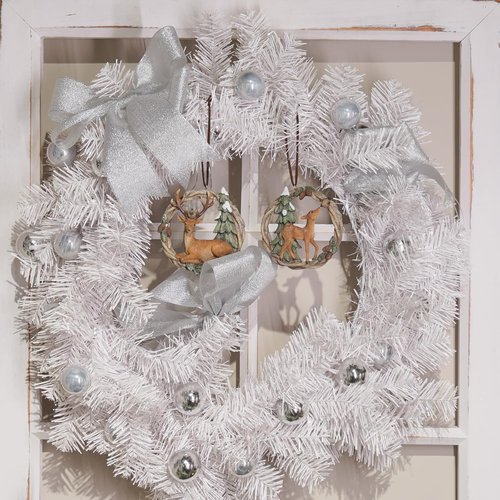 Braxio Christmas Tree Ornaments - Set of 2 Resin Woodland Deer in Wreath | Brown & Sage Green