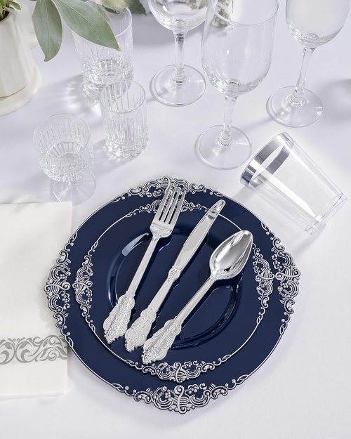 Hioasis 350-Piece Blue and Silver Party Plates Set - Heavy-Duty Plates, Cutlery, Cups & Napkins for 50 Guests