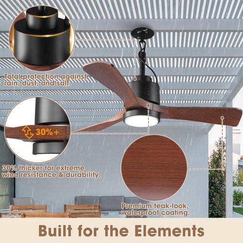 Vaczon 42" Outdoor Ceiling Fan with Light & Remote - IP65 Waterproof Plug in Hanging Fan, 6-Speed Reversible DC Motor, 1850LM Dimmable LED for Patio, Porch, Gazebo, Pergola (Matte Black)