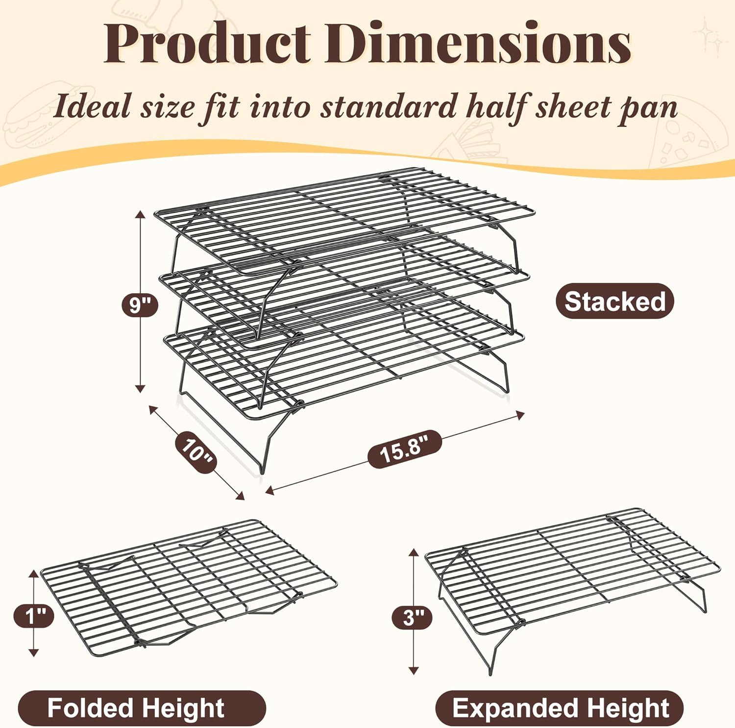 Skiennix Cooling Racks - 3-Tier Stackable Wire Baking Rack for Oven Cooking & Grilling | Dishwasher Safe - Black
