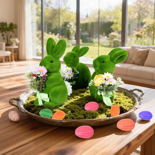 BrilliantJo Moss Bunny Figurines - Cute Spring Decor Gift Set of 3 (10") for Home & Garden