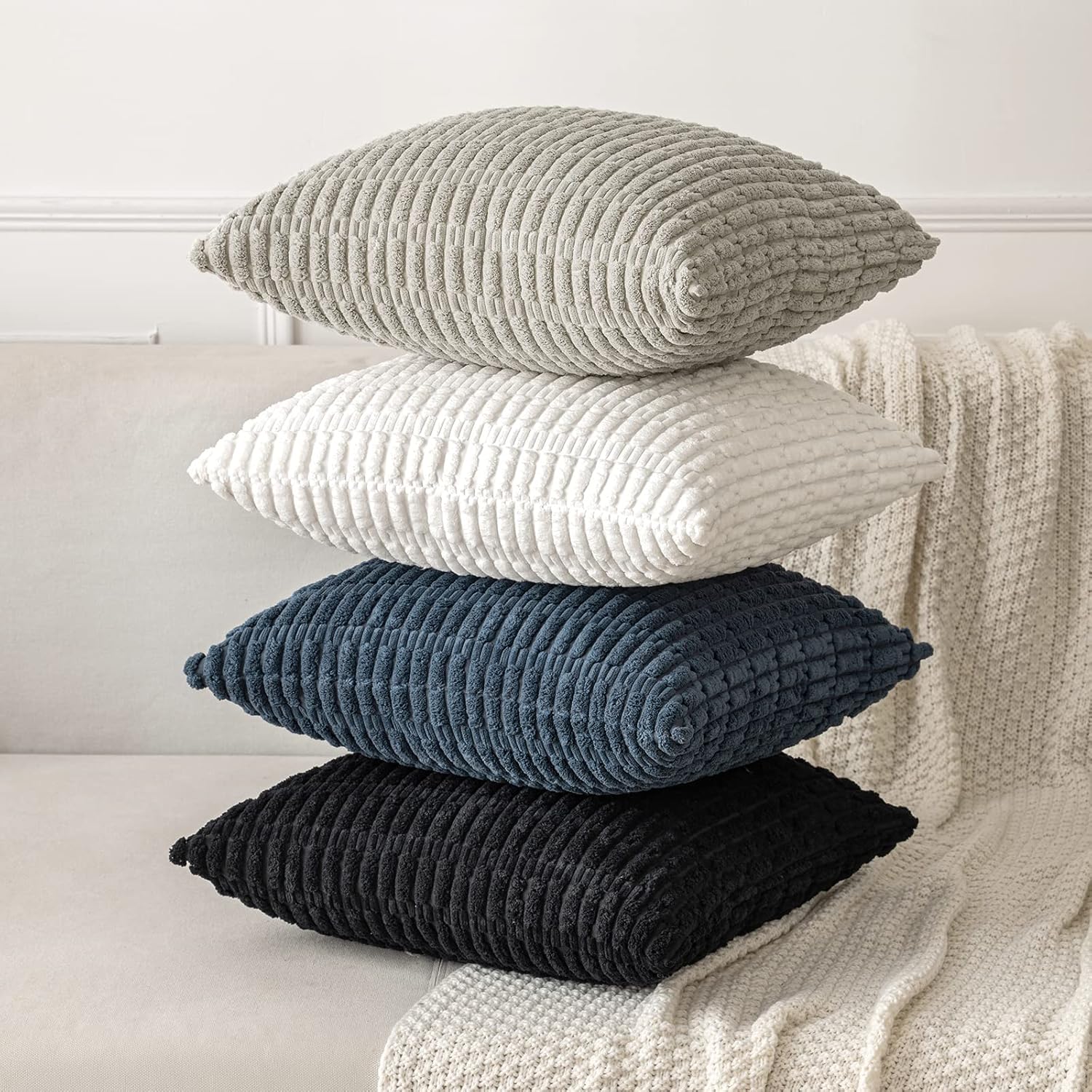 MIULEE Corduroy Decorative Lumbar Pillow Covers - Soft Boho Striped Design | 20x12 Inch, Pure White