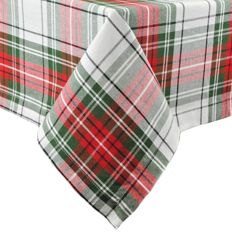 DII Red Green White Tartan Tablecloth 60x104 Inch – Cotton, Seats 8-10