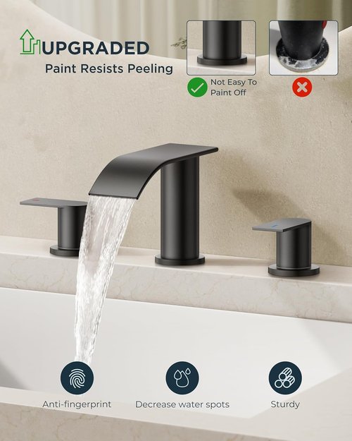 FORIOUS Black Square Bathroom Faucet - Waterfall Design with Metal Pop-Up Drain & Supply Lines | 3 Hole, Two Handles