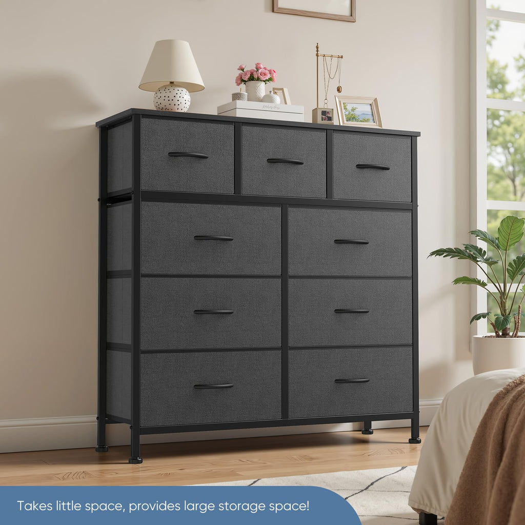 DUMOS 9 Drawer Dresser, Fabric Storage Organizer with Sturdy Metal Frame and Wooden Top, Modern Chest of Drawers for Bedroom Closet Entryway,Grey