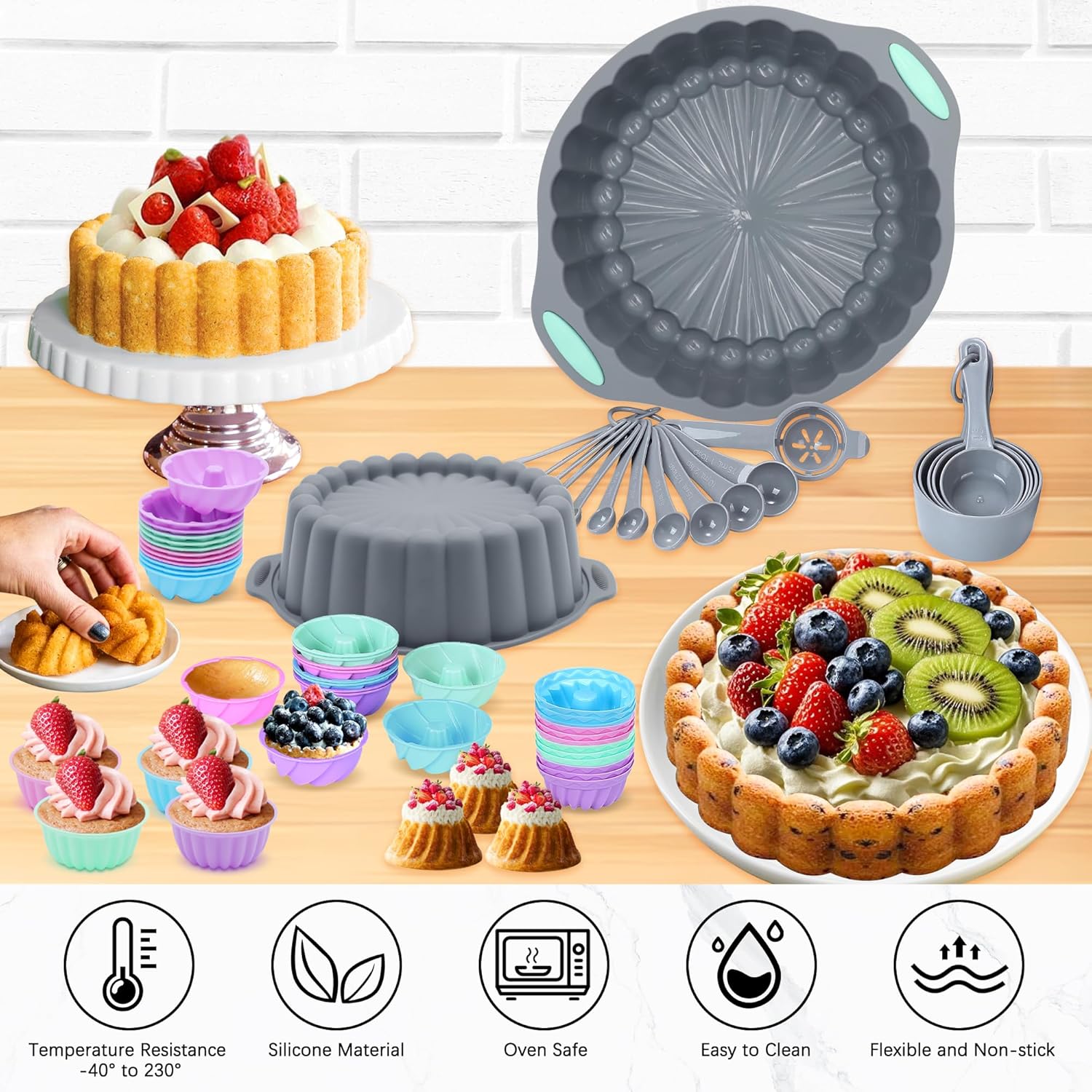 Tongjude Silicone Bakeware Set - 72 Pieces Nonstick Kitchen Baking Pans with Easy Release | Grey