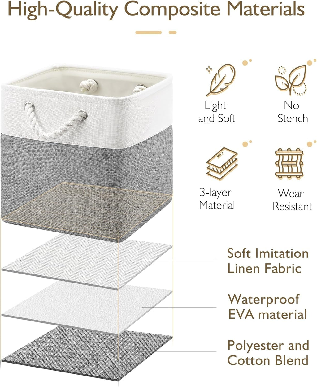 Patvingot 11-Inch Cube Storage Bins - 6 Pack Fabric Organizer Baskets with Rope Handles | White/Gray
