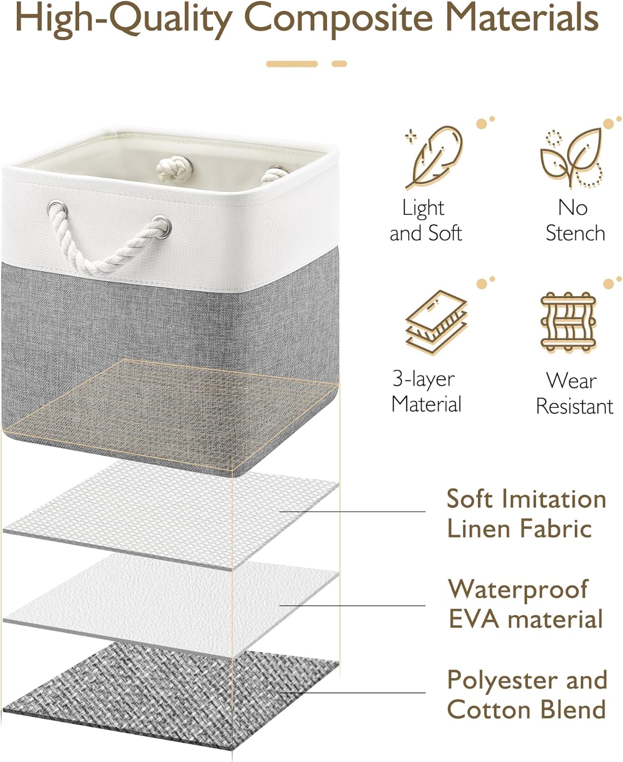 Patvingot 11-Inch Cube Storage Bins - 6 Pack Fabric Organizer Baskets with Rope Handles | White/Gray
