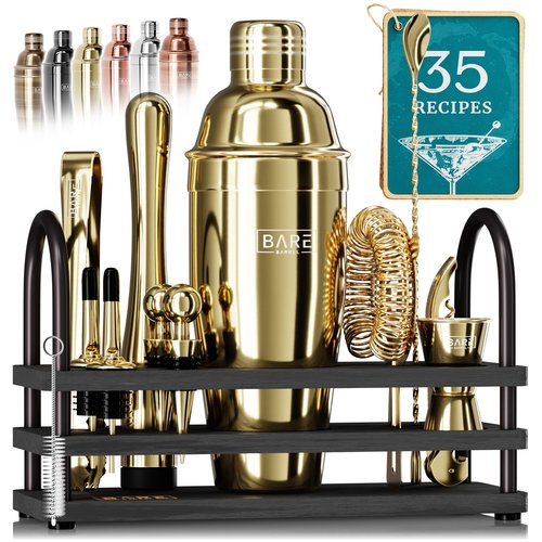 BARE BARREL® Mixology Bartender Kit Bar Set | 14-Piece Cocktail Shaker Set | Martini Barware Mixing Tools for Home Bartending | 35 Recipe Cards | Gift Set (24oz Cobbler Shaker, Gold/Black)