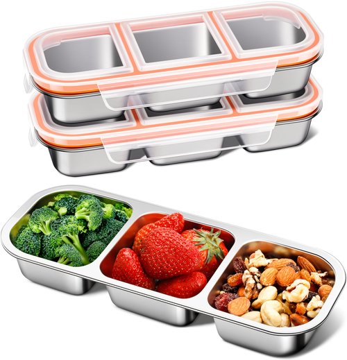 KTKUDY 3 Pack Stainless Steel Snack Containers for Kids & Adults - Leak-Proof 3-Compartment Stackable Snack Lunch Boxes for Daycare, School, Work & Travel