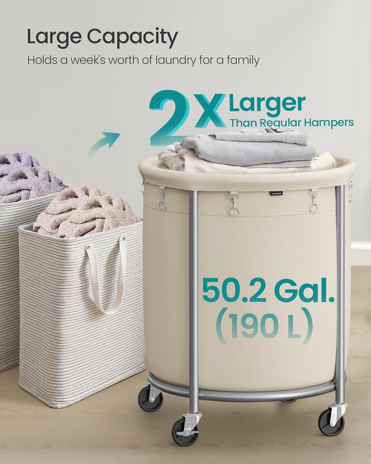 SONGMICS Rolling Laundry Basket - 50.2-Gallon Heavy-Duty Hamper Cart with Steel Frame & Locking Wheels - Cream White & Metallic Silver