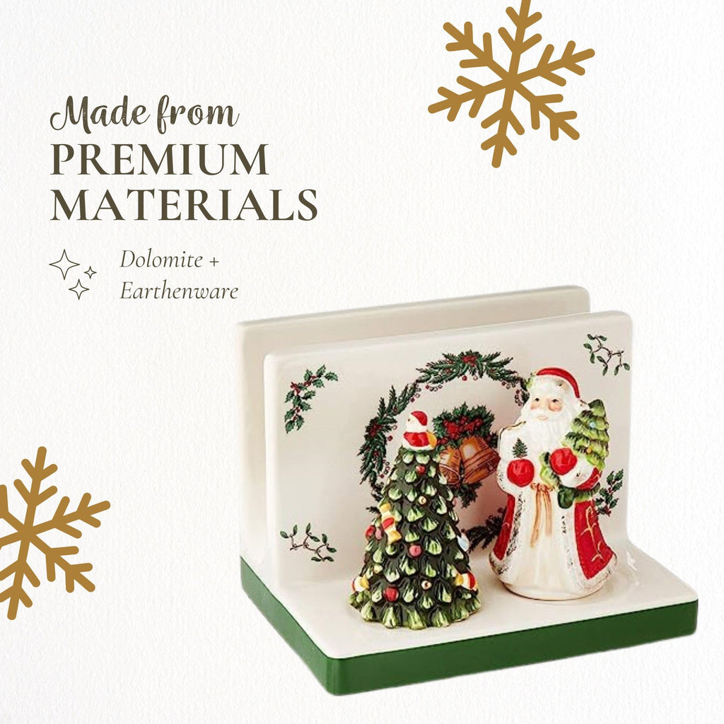 Spode Christmas Tree 3-Piece Hostess Set - Napkin Holder, Salt Shaker & Pepper Shaker (Santa & Tree Figural) - Festive Earthenware for Christmas, Holiday Entertaining - Decorative Gift Set