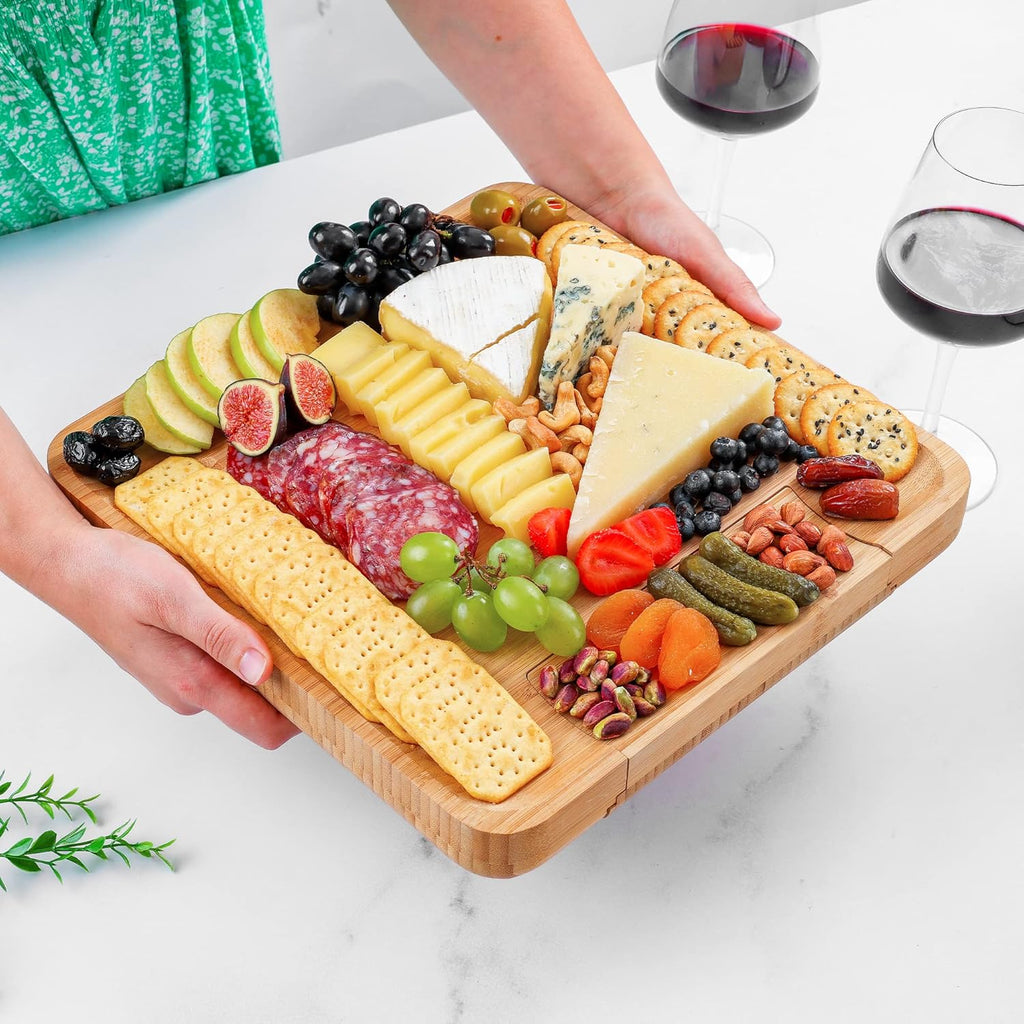 Zulay Kitchen Bamboo Cheese Board Set - Extra Thick Charcuterie Board with 4 Knives | Ideal for Wine & Cheese Gifts