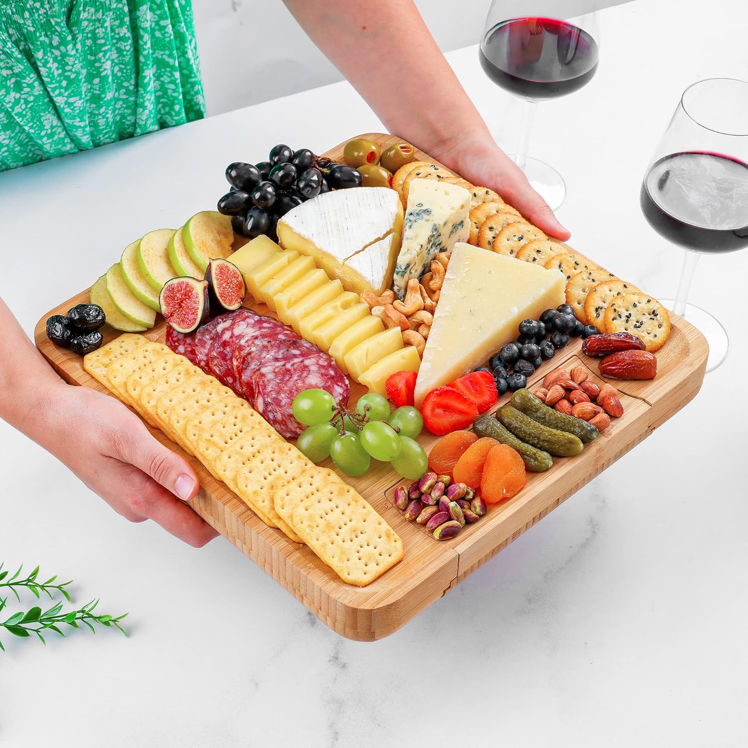 Zulay Kitchen Bamboo Cheese Board Set - Extra Thick Charcuterie Board with 4 Knives | Ideal for Wine & Cheese Gifts