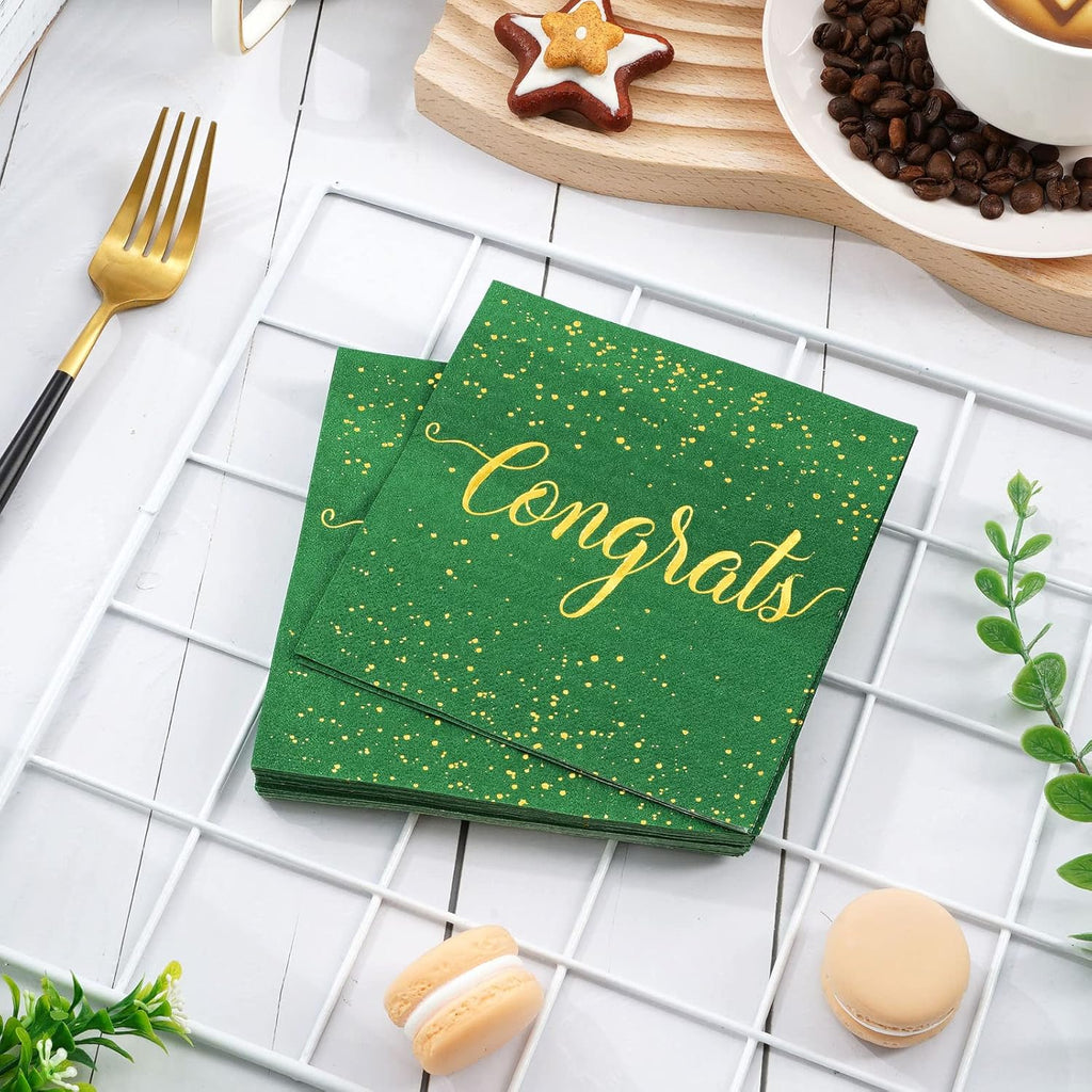 Whaline Graduation Cocktail Napkins - 80 Pack Green & Gold Foil Congrats Design | Disposable Tableware