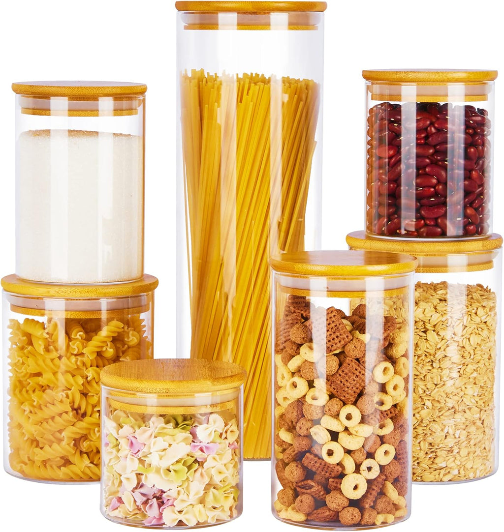 Vtopmart Glass Food Storage Jars - 7 Pack Airtight Kitchen Containers with Bamboo Lids for Pantry Organization