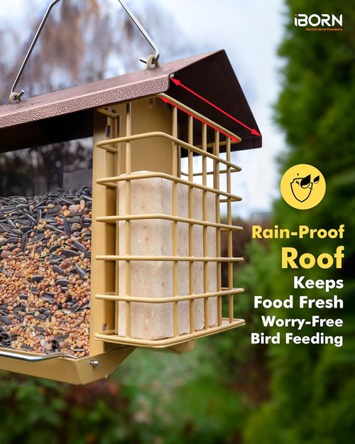 iBorn Bird Feeders - Weatherproof Suet Feeder with Double Holders | 3.2 LB Capacity, Coffee Roof & Yellow Grid