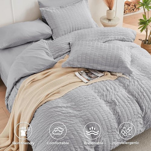 HYMOKEGE Queen Comforter Set - Luxury 7-Piece Seersucker Bedding in Light Grey | All-Season Comfort