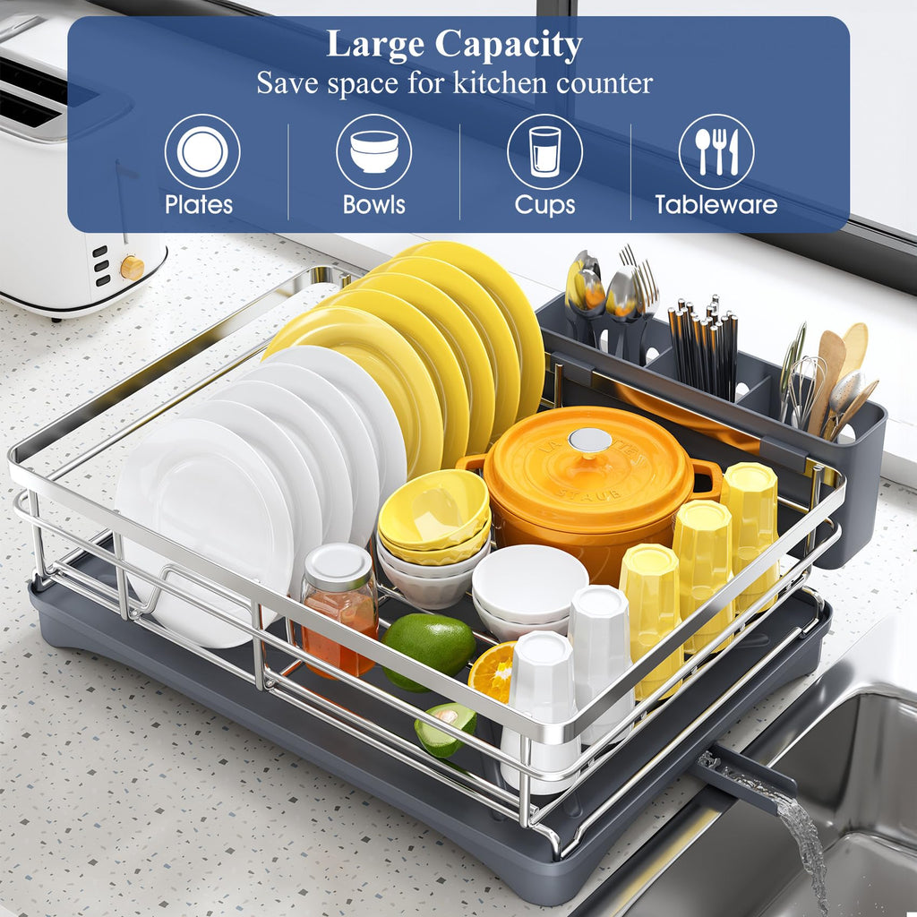 SNTD Dish Drying Rack for Kitchen Counter - Stainless Steel Dish Rack with Drainboard, Large Dish Drainer with Utensil Holder for Sink, Silver