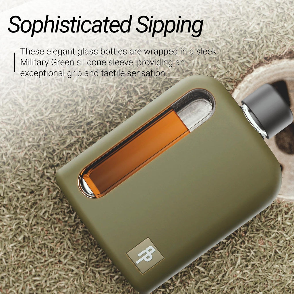 Ragproper Modern Glass Hip Flask for Men | Cork & Silicone Lid Liners | Firm Grip | Curved Edges | Durable Silicone Covered Flask for Whiskey | Liquor | Sprits | 100ml Single+ 240ml Double | Green