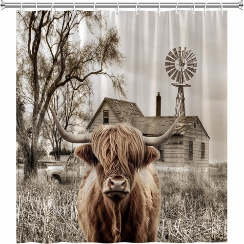 Highland Cow Western Shower Curtain Longhorn Bull Rustic Windmill Cattle Farm Animal Wildlife Country Farmhouse Vintage Barn Bathtub Curtains Fabric Bathroom Accessories with Hooks 70Wx70H Inch