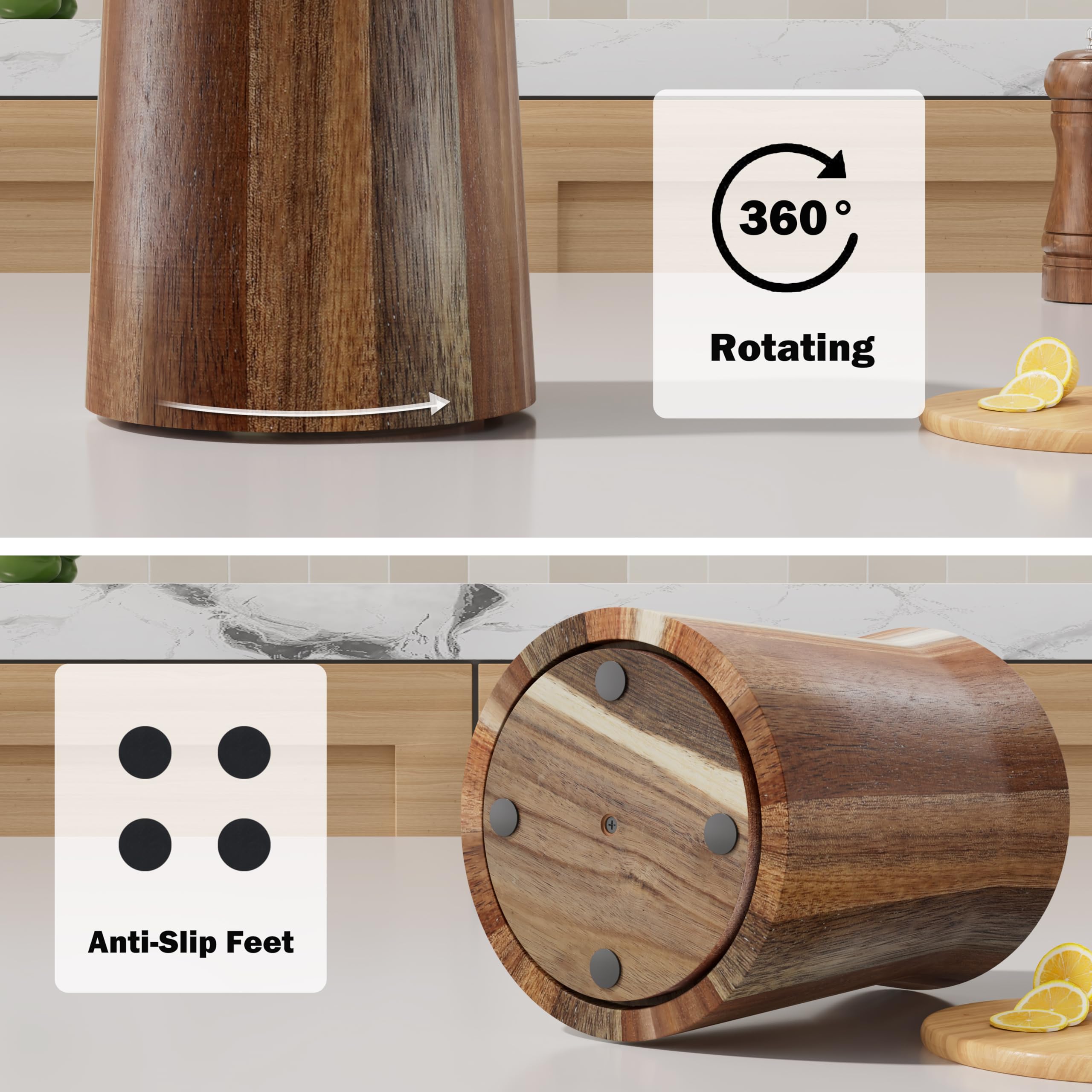 Segtenant Utensil Holder, Acacia Wood Utensil Holder for Kitchen Counter, 360° Rotating Cooking Utensil Crocks for Countertop, 7.2" Large Utensil Organizer for Spatula Storage